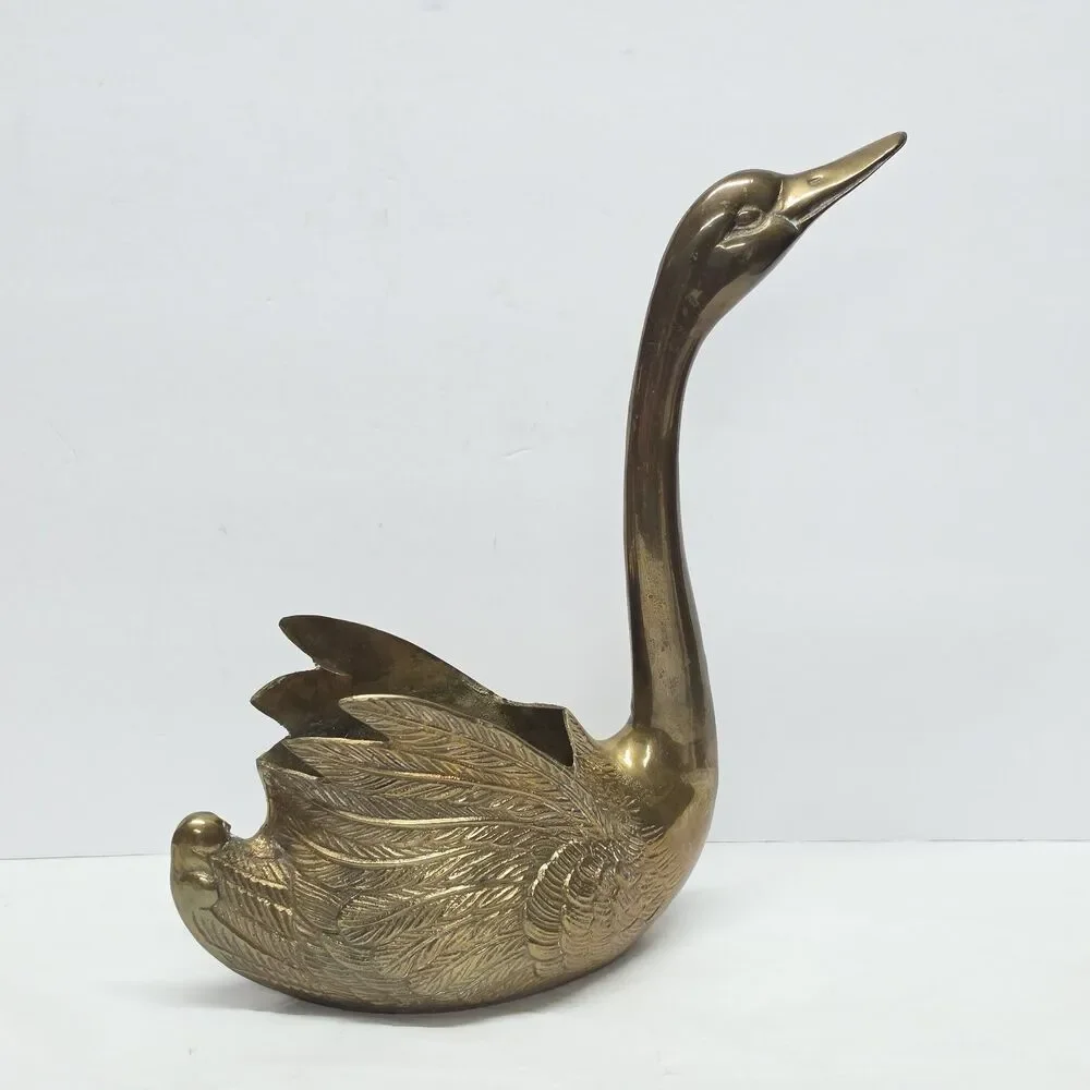 Vintage Cast Brass Swan Planter Mid-Century MCM 12 Inches Tall Made In Korea